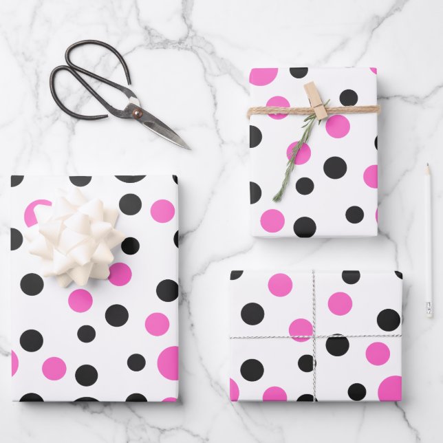 Pink and Black Polka Dot Wrapping Paper Sheets (Front)