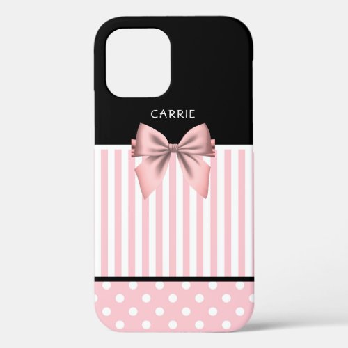 Pink and Black Polka Dots and Stripes Bow iPhone 12 Case