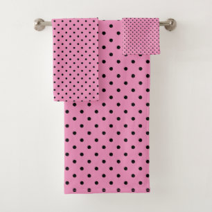 Pink and Black Polka dots Bath Towel Set
