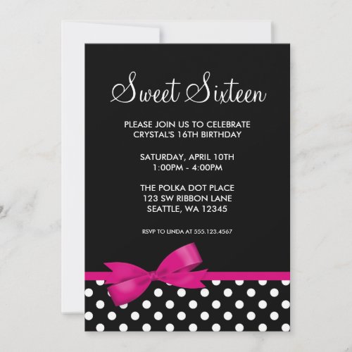 Pink and Black Polka Dots Bow Sweet 16 Birthday Announcement