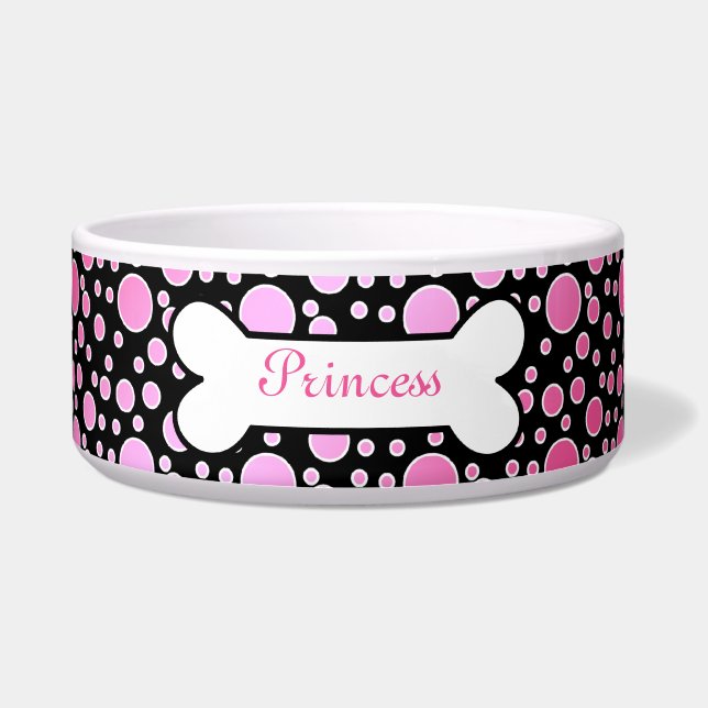 Pink and Black Polka Dots Custom Pet Bowl - Dog (Front)