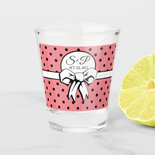 Pink and Black Polka Dots White Bow Personalized Shot Glass