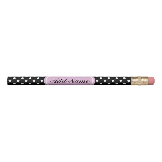 Pink and black polkadots pencil with custom name (Front)