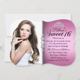 Pink and Black Princess Tiara Sweet 16 Birthday Invitation