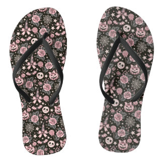 Pink and Black Pumpkin and Web Halloween Pattern Flip Flops