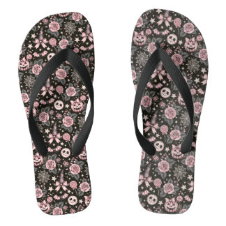 Pink and Black Pumpkin, Web and Rose Pattern Flip Flops
