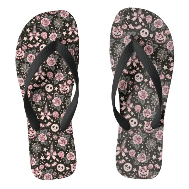 Pink and Black Pumpkin, Web and Rose Pattern Flip Flops (Footbed)