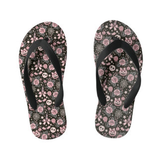 Pink and Black Pumpkin, Web and Rose Pattern Kid's Flip Flops