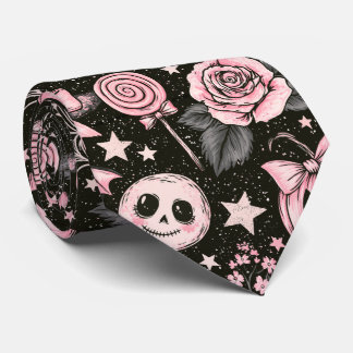 Pink and Black Pumpkin, Web and Rose Pattern Neck Tie