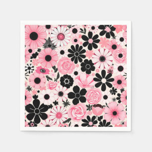 Pink and Black Retro Botanical Flowers Pattern Napkins