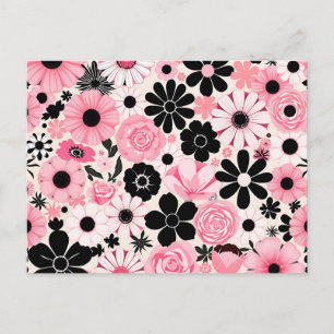 Pink and Black Retro Botanical Flowers Pattern Postcard