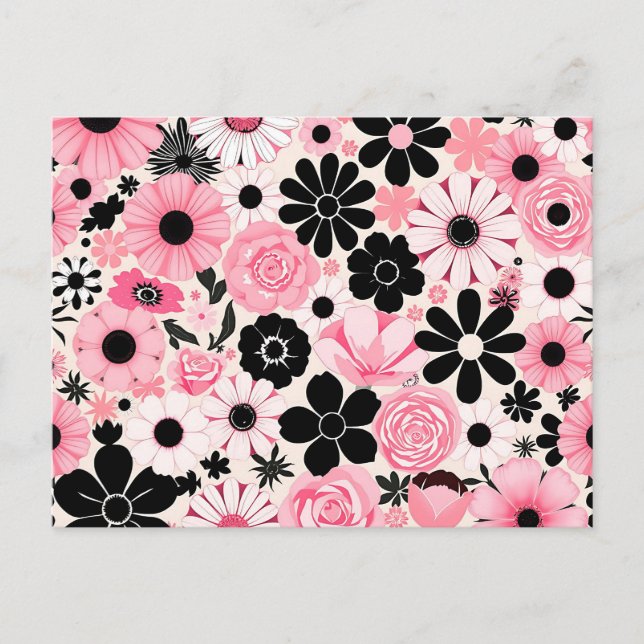 Pink and Black Retro Botanical Flowers Pattern Postcard (Front)