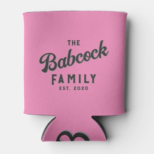 Pink and Black Retro Family Name &amp; Year Can Cooler