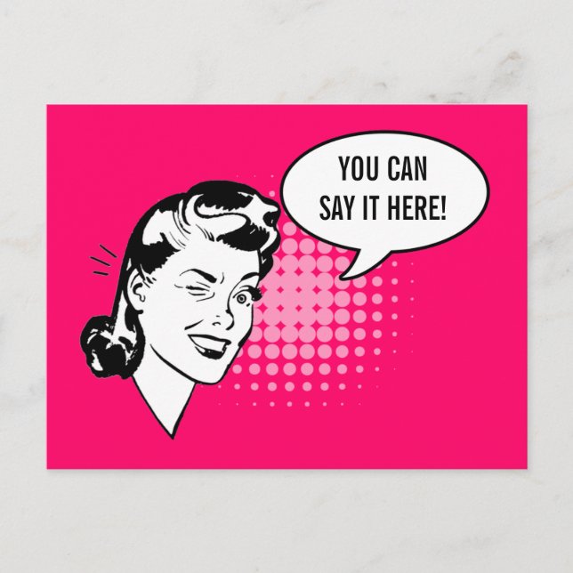 Pink and Black Retro Woman Winking Fun Card (Front)