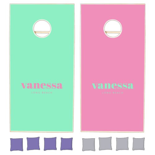 Pink and Black Reverse Minimal Modern Classic Name Cornhole Set