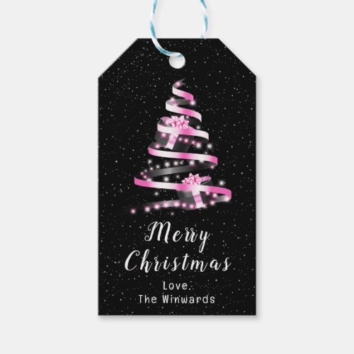 Pink and Black Ribbon Gift Merry Christmas Gift Tags