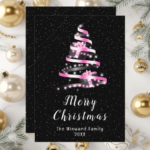 Pink and Black Ribbon Gift Merry Christmas Holiday Card