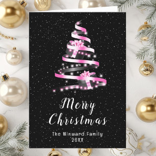 Pink and Black Ribbon Gift Merry Christmas Holiday Card