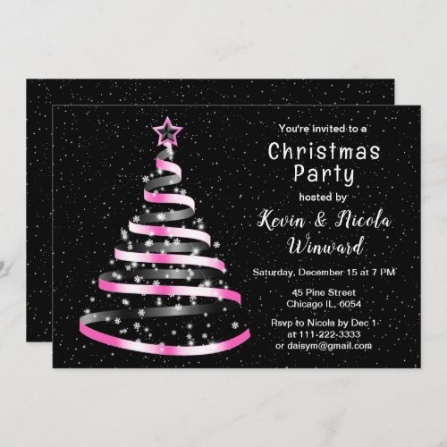 Pink and Black Ribbon Tree Christmas Party Invitation