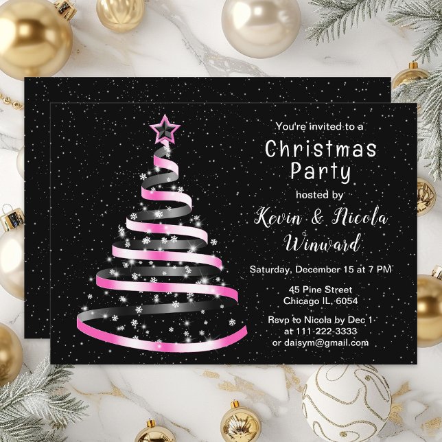 Pink and Black Ribbon Tree Christmas Party Invitation (Creator Uploaded)
