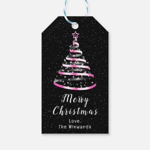 Pink and Black Ribbon Tree Merry Christmas Gift Tags