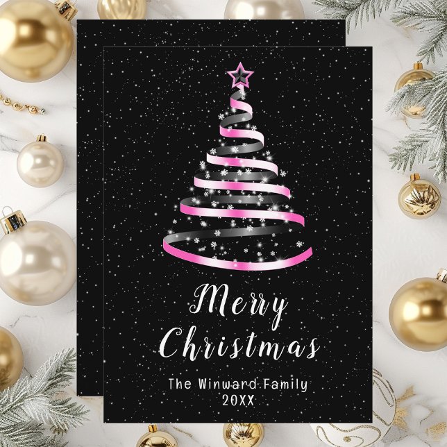 Pink and Black Ribbon Tree Merry Christmas Holiday Card (Creator Uploaded)