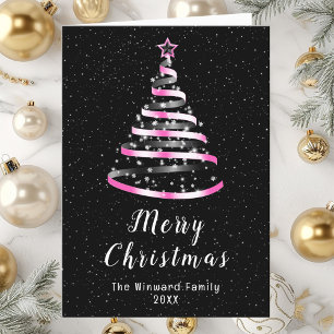 Pink and Black Ribbon Tree Merry Christmas Holiday Card