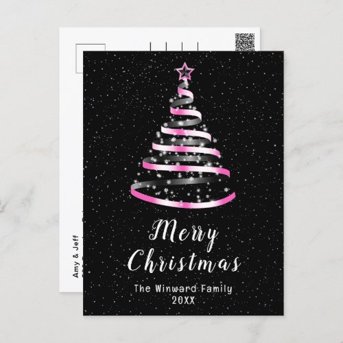 Pink and Black Ribbon Tree Merry Christmas Holiday Postcard