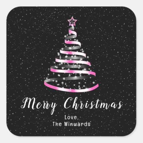 Pink and Black Ribbon Tree Merry Christmas Square Sticker