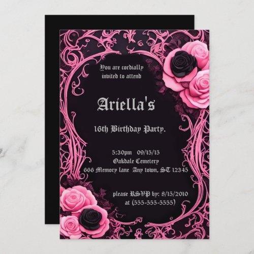 Pink and Black Rose Framed Sweet 16 Birthday Invitation