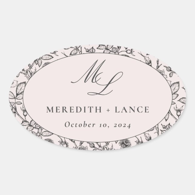 Pink and Black Rose Monogram Wedding Favor Oval Sticker (Front)