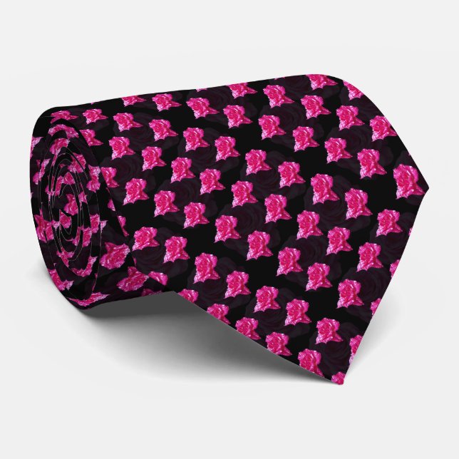 Pink And Black Rose Pattern, Neck Tie (Rolled)