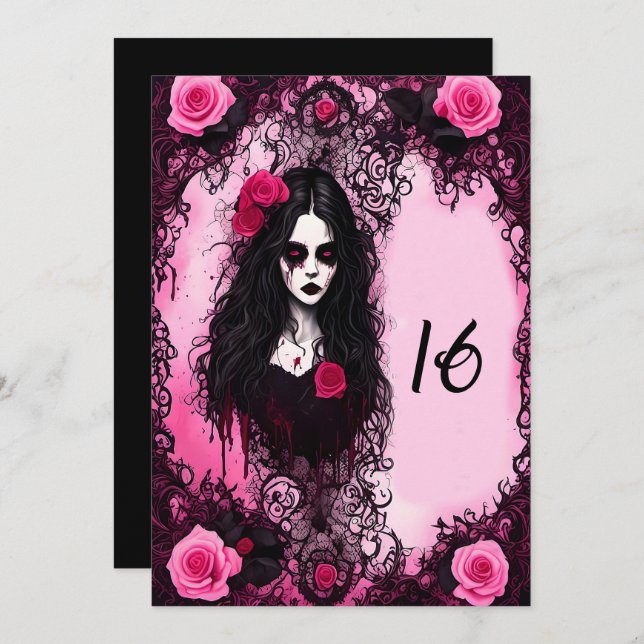 Pink and Black Roses Ghost Girl Sweet 16 Birthday Invitation (Front/Back)