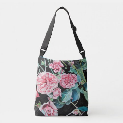 Pink and Black Roses Watercolor Crossbody Bag