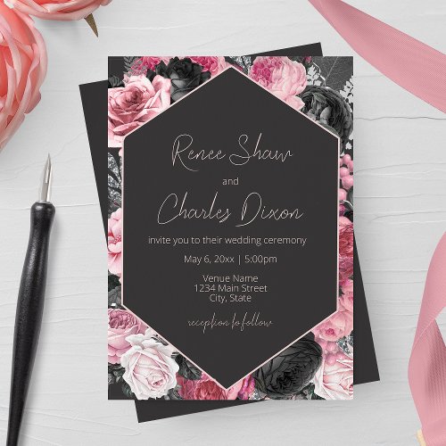 Pink and Black Roses Wedding Invitation