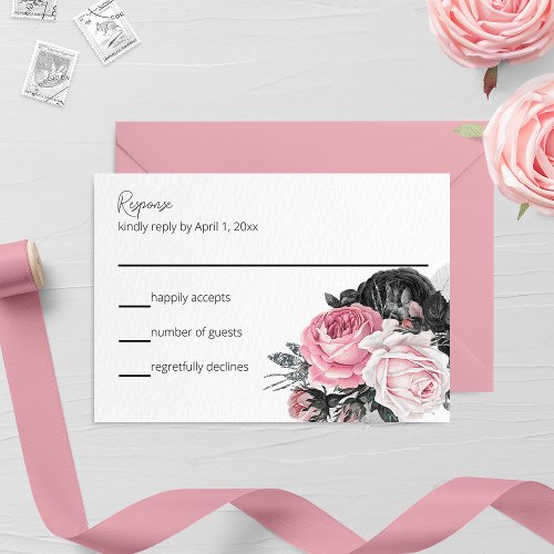 Pink and Black Roses Wedding RSVP Card