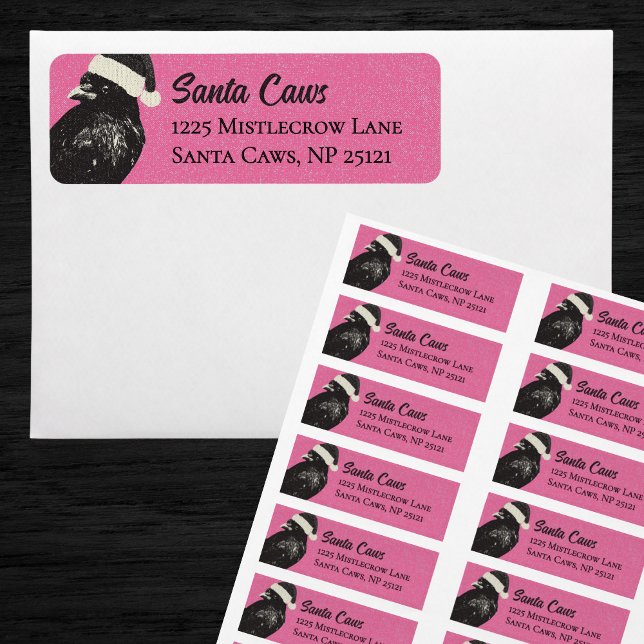 Pink and Black Santa Caws Crow Christmas Label (Fun pink and black Christmas return labels feature a Santa crow, or "Santa Caws," if you prefer! :D)