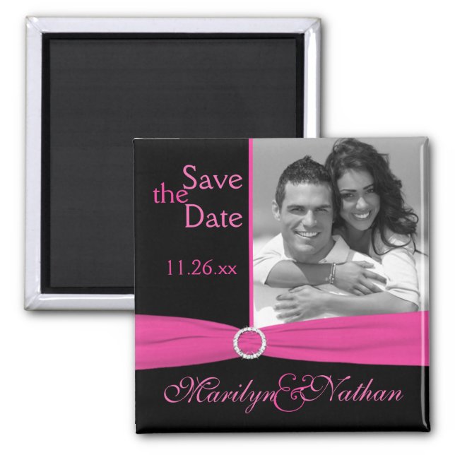 Pink and Black Save the Date Photo Magnet (Front)