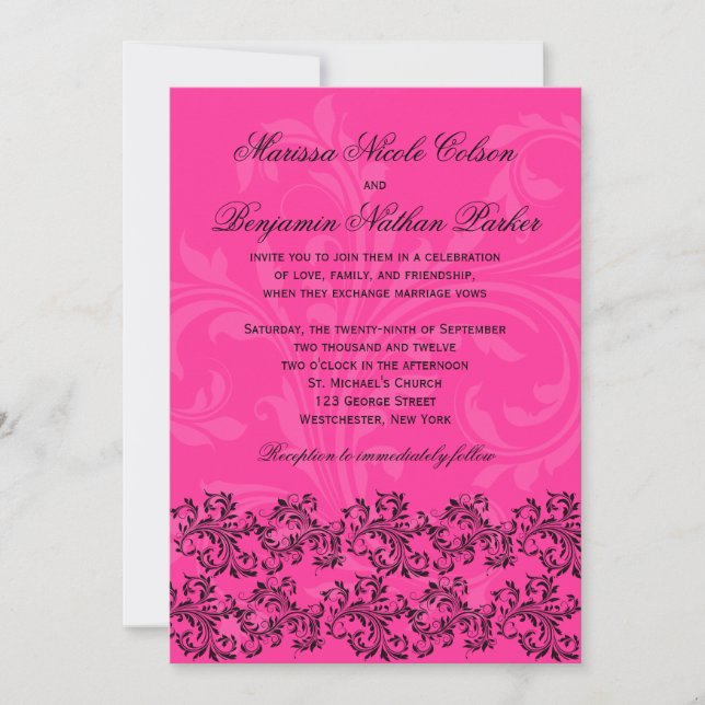 Pink and Black Scrolls Wedding Invitation (Front)