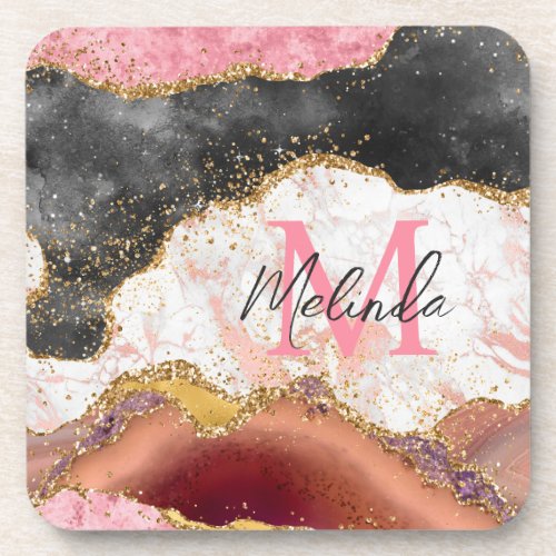 Pink and Black Sequins Agate Beverage Coaster