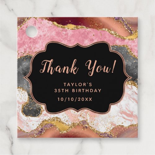 Pink and Black Sequins Agate Birthday Thank You Favor Tags