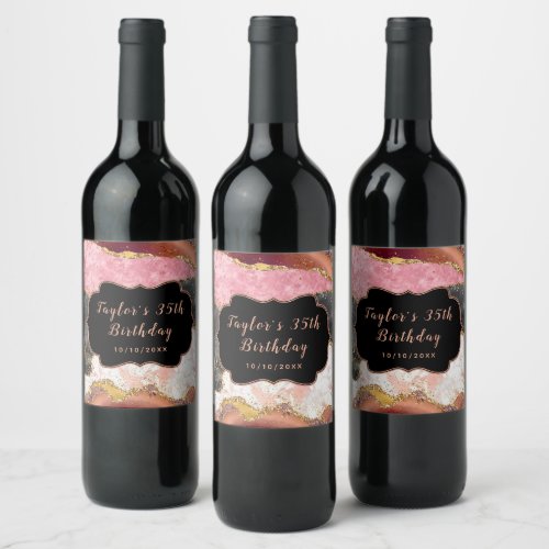 Pink and Black Sequins Agate Birthday Wine Label