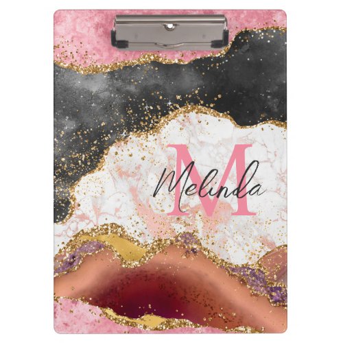 Pink and Black Sequins Agate Clipboard