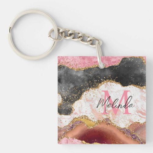 Pink and Black Sequins Agate Keychain