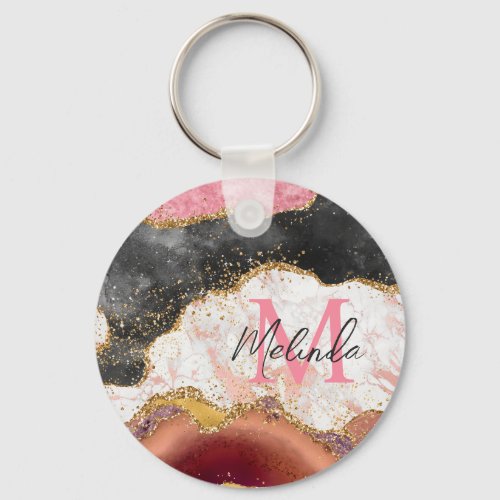 Pink and Black Sequins Agate Keychain