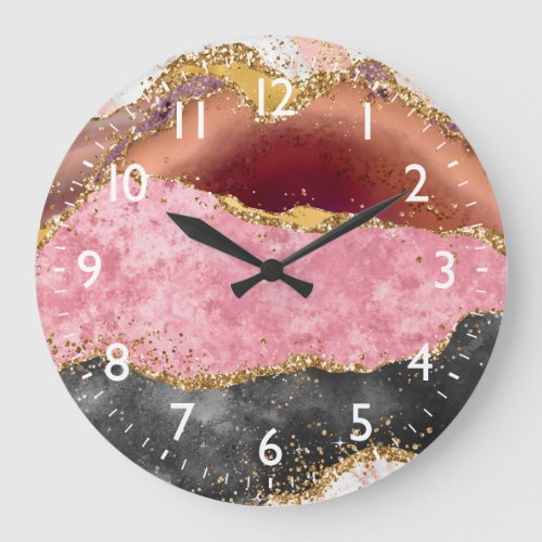 Pink and Black Sequins Agate Large Clock