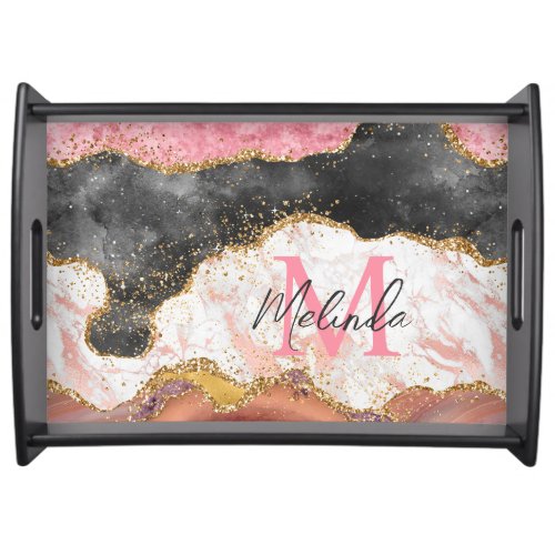Pink and Black Sequins Agate Serving Tray