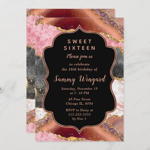 Pink and Black Sequins Agate Sweet Sixteen Invitation