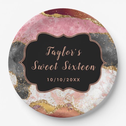 Pink and Black Sequins Agate Sweet Sixteen Paper Plates