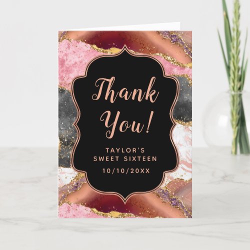 Pink and Black Sequins Agate Sweet Sixteen Thank You Card
